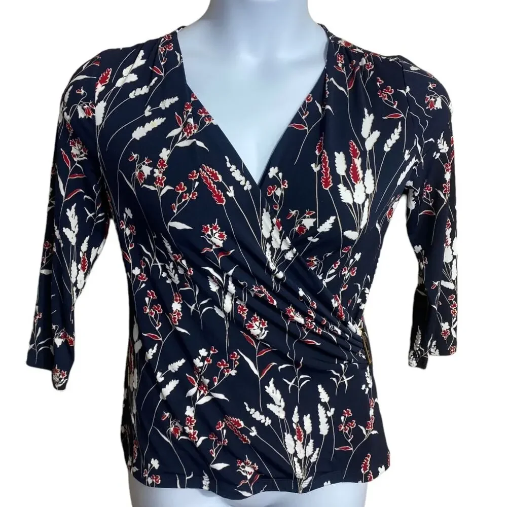 Charter Club navy blue floral wrap style 3/4 sleeve blouse - Medium Petite - Picture 4 of 8